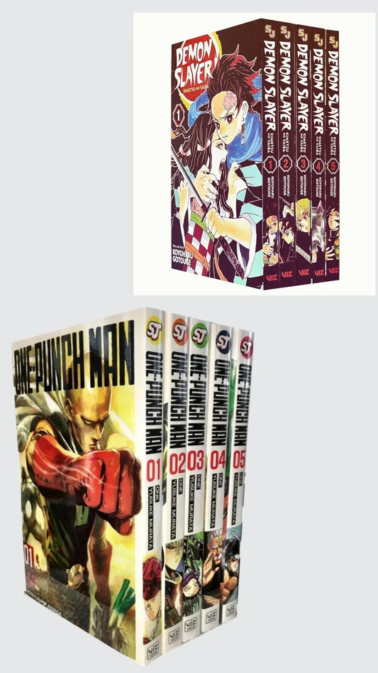 Action Hit Manga Bundle: Demon Slayer & One-Punch Man (Vol. 1-5 Each) 💥 With Bonus Manga Wall Framed Poster!