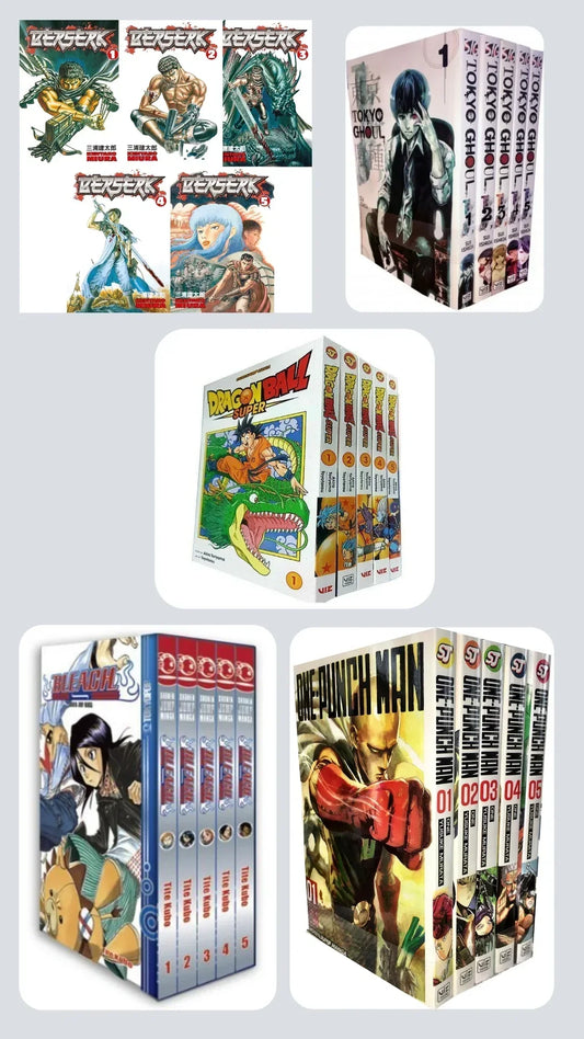 Shonen & Seinen Essentials Bundle — Vol. 1-5 of 5 Legendary Series 💥 With Bonus Manga Wall Framed Poster! Dragon Ball 1-5 || One Punch man 1-5 || Bleach 1-5 || Tokyo Ghoul 1-5 || Berserk 1-5 ||